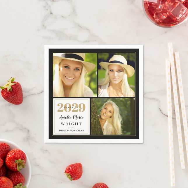 Servilleta De Papel Graduación personalizada clásica en negro y oro (In situ)