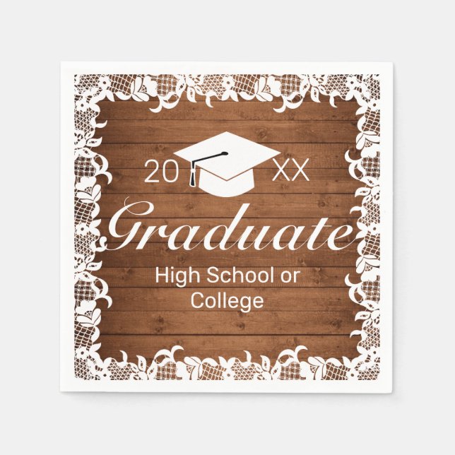 Servilleta De Papel Graduación Rústica de Madera y Cargo Blanco (Anverso)