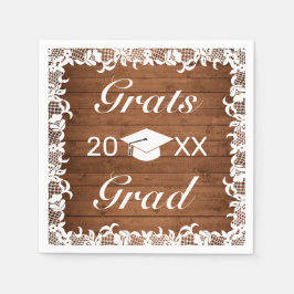 Servilleta De Papel Graduación Rústica de madera y encaje blanco