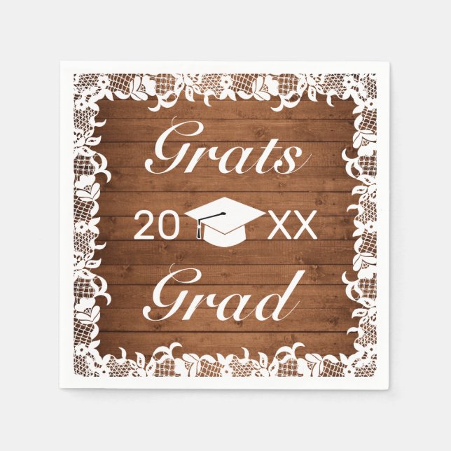 Servilleta De Papel Graduación Rústica de madera y encaje blanco (Anverso)