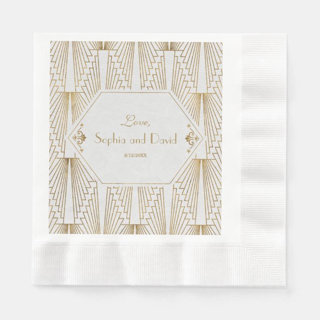 Servilleta De Papel Gran Gatsby Art Deco Oro Boda Blanco (Anverso)