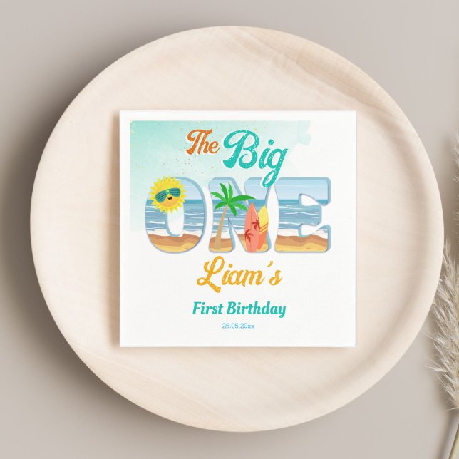 Servilleta De Papel Gran One surf playa de verano vajilla de cumpleaño (Big One surfing beach summer first birthday party personalized tableware monogram printed Napkins)