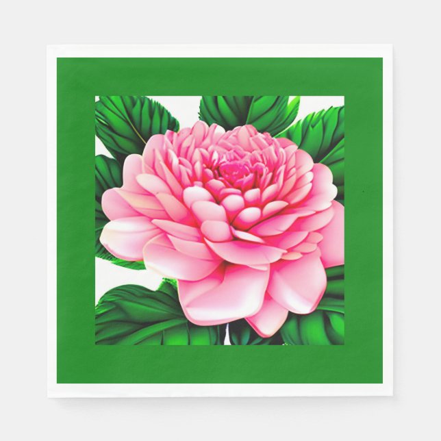 Servilleta De Papel Gran Peón Rosa con hojas verdes esmeraldas (Anverso)