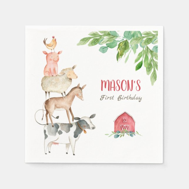 Servilleta De Papel Granja Animales Zoo Boy Birthday Barnyard (Anverso)