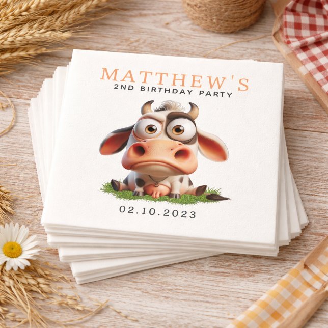 Servilleta De Papel Granja de animales de vaca linda Fiesta de cumplea (Cute Cow Farm Animals 2nd Birthday Party Paper napkins)