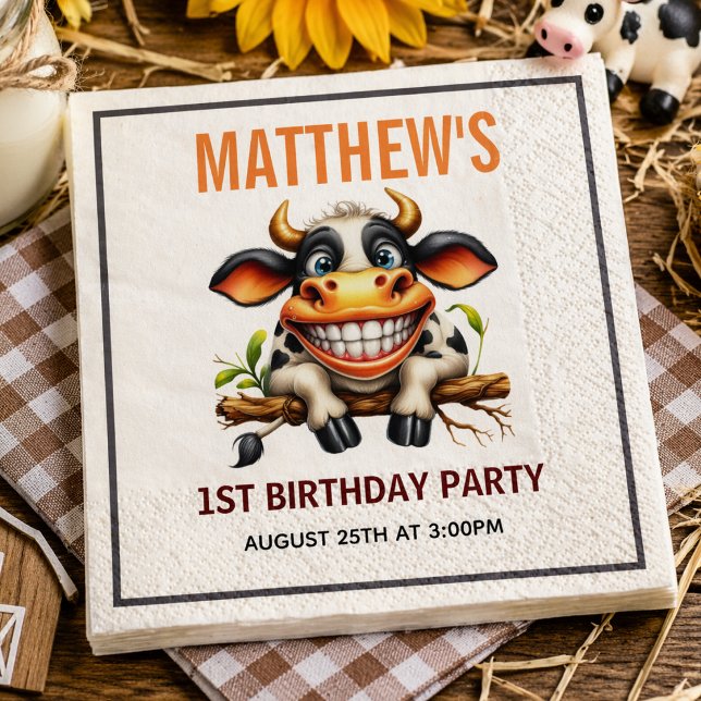 Servilleta De Papel Granja de Vaca Loca Tema Cumpleaños 1 Cute (Cute Crazy Cow Farm Theme 1st Birthday paper napkins)