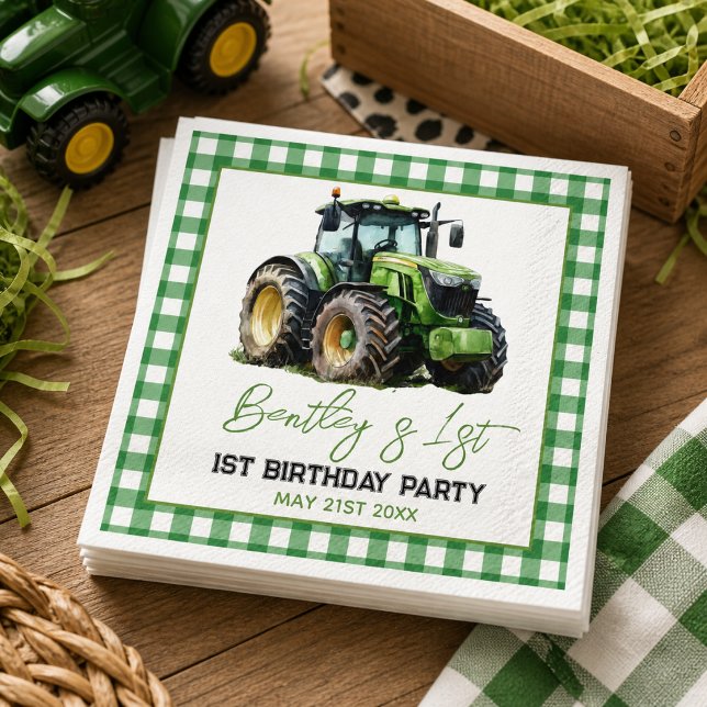 Servilleta De Papel Granja divertida del 1er cumpleaños del tractor (Fun Blue Farm Green Tractor 1st Birthday Party paper napkins

)