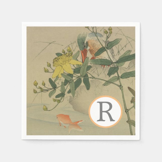 Servilleta De Papel Gray Bird Goldfish Oriental Chinoiserie Naturaleza (Anverso)