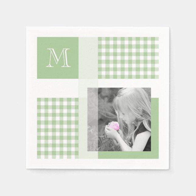 Servilleta De Papel Green Add Your Photo Gingham Modern Monograma (Anverso)