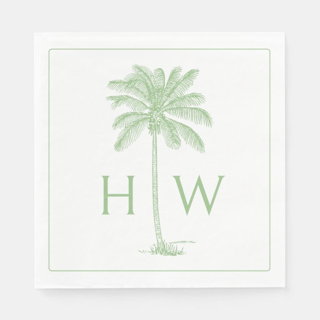 Servilleta De Papel Green and White Palm Palmetto Tree Monogram (Anverso)