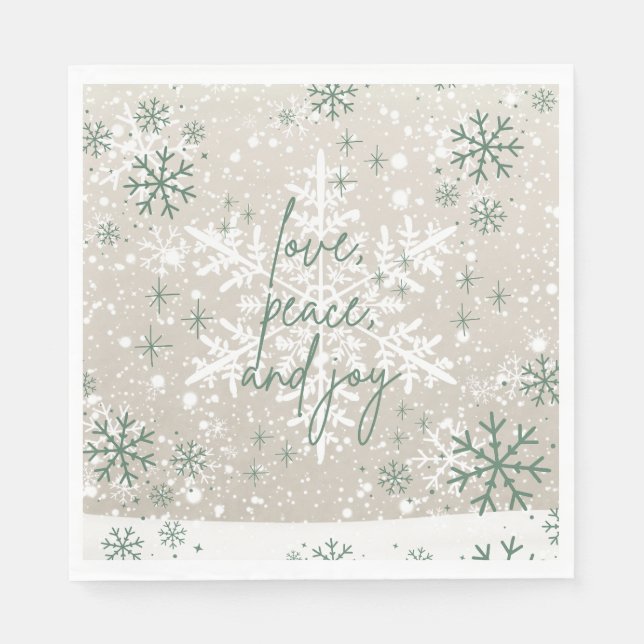 Servilleta De Papel Green Beige Snowflakes Love Peace Joy Holiday (Anverso)