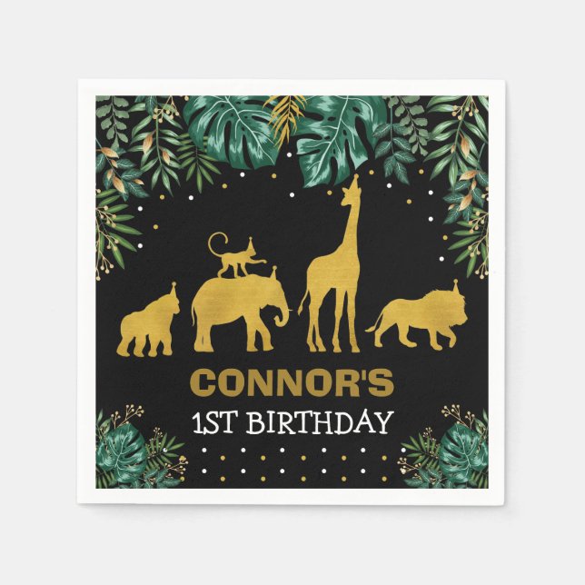 Servilleta De Papel Green Black Gold Jungle Animales Tropical Birthday (Anverso)