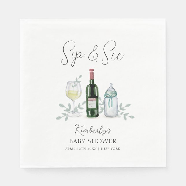 Servilleta De Papel Green Champagne Sip & See Baby Shower (Anverso)