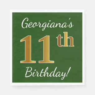 Servilleta De Papel Green, Faux Gold 11th Birthday + Custom Name