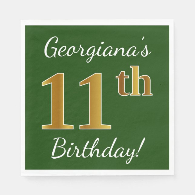 Servilleta De Papel Green, Faux Gold 11th Birthday + Custom Name (Anverso)