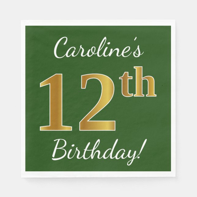 Servilleta De Papel Green, Faux Gold 12th Birthday + Custom Name (Anverso)