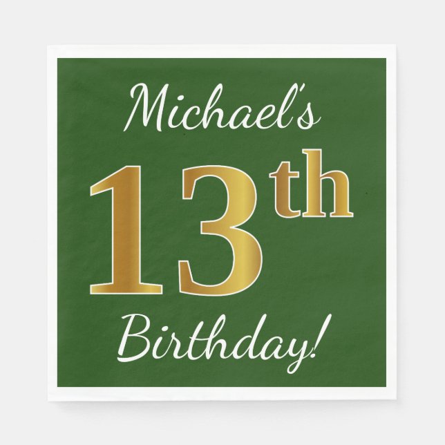 Servilleta De Papel Green, Faux Gold 13th Birthday + Custom Name (Anverso)
