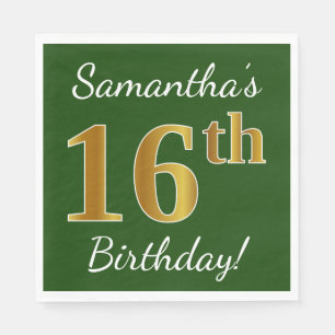 Servilleta De Papel Green, Faux Gold 16th Birthday + Custom Name
