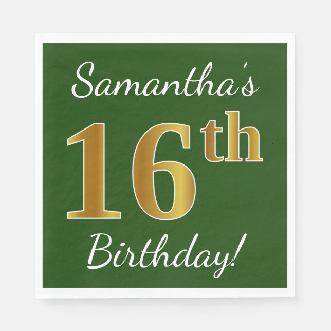 Servilleta De Papel Green, Faux Gold 16th Birthday + Custom Name (Anverso)