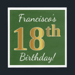 Servilleta De Papel Green, Faux Gold 18th Birthday   Custom Name<br><div class="desc">Este sencillo diseño de servilleta de papel muestra un mensaje como "¡Cumpleaños 18 de Francisco!", con el "18" que tiene una apariencia falsa de oro, en un fondo verde de color. El nombre se puede personalizar. Se podría usar en una fiesta de cumpleaños para alguien que esté celebrando su decimoctavo...</div>