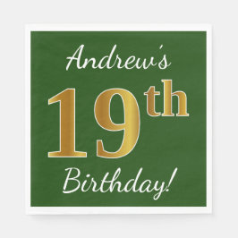 Servilleta De Papel Green, Faux Gold 19th Birthday + Custom Name