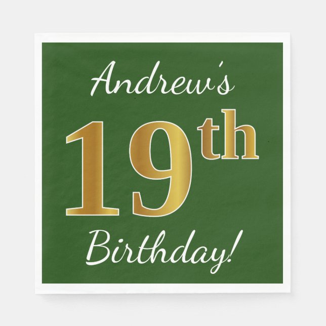 Servilleta De Papel Green, Faux Gold 19th Birthday + Custom Name (Anverso)