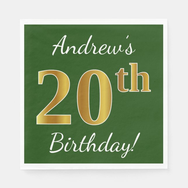 Servilleta De Papel Green, Faux Gold 20th Birthday + Custom Name (Anverso)