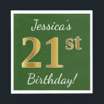 Servilleta De Papel Green, Faux Gold 21st Birthday   Custom Name<br><div class="desc">Este sencillo diseño de servilleta de papel muestra un mensaje como "¡El cumpleaños 21 de Jessica!", con el "21" en apariencia falsa de oro, sobre un fondo verde de color. El nombre se puede personalizar. Podría ser usado en una fiesta de cumpleaños para alguien que está celebrando su 21º cumpleaños....</div>