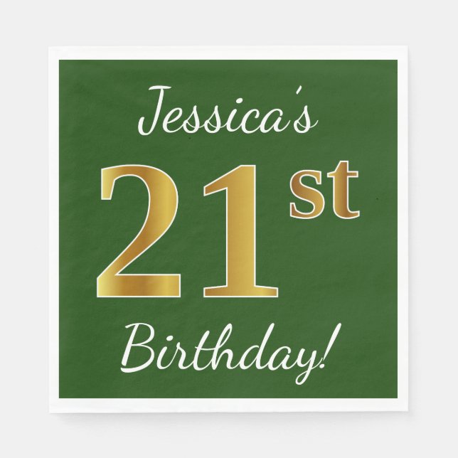 Servilleta De Papel Green, Faux Gold 21st Birthday + Custom Name (Anverso)