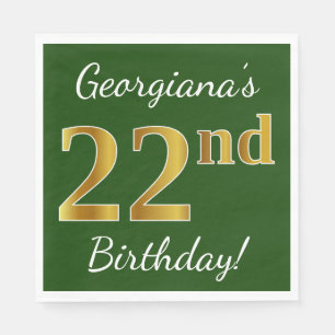 Servilleta De Papel Green, Faux Gold 22nd Birthday + Nombre personaliz