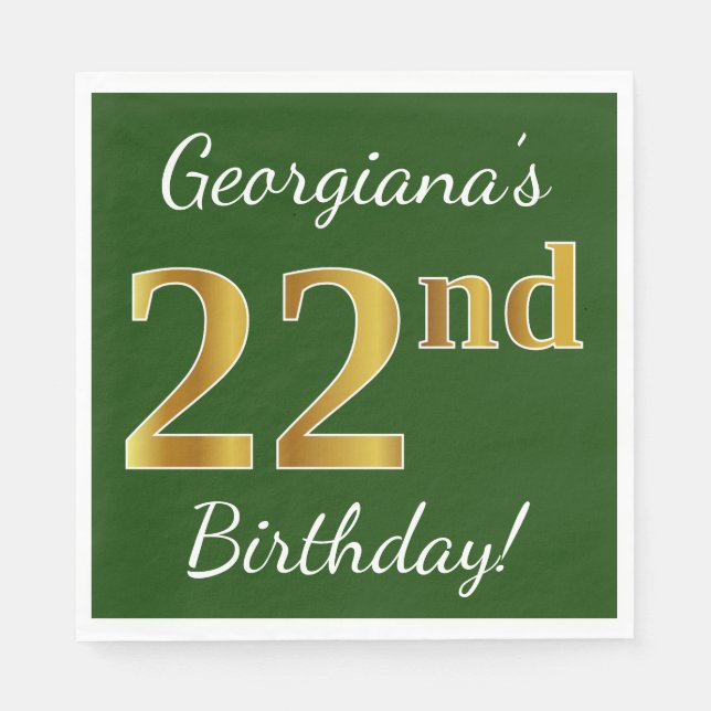 Servilleta De Papel Green, Faux Gold 22nd Birthday + Nombre personaliz (Anverso)