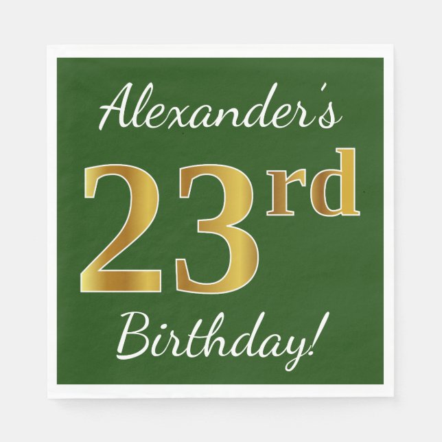 Servilleta De Papel Green, Faux Gold 23rd Birthday + Custom Name (Anverso)