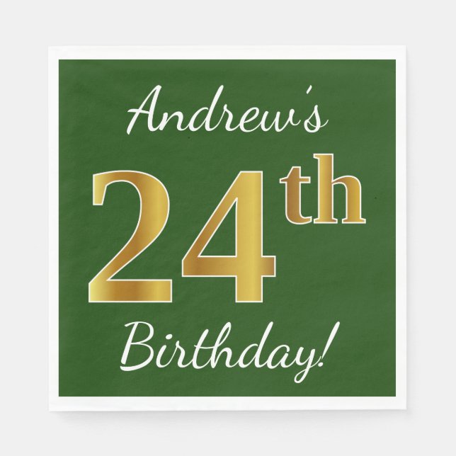 Servilleta De Papel Green, Faux Gold 24th Birthday + Custom Name (Anverso)