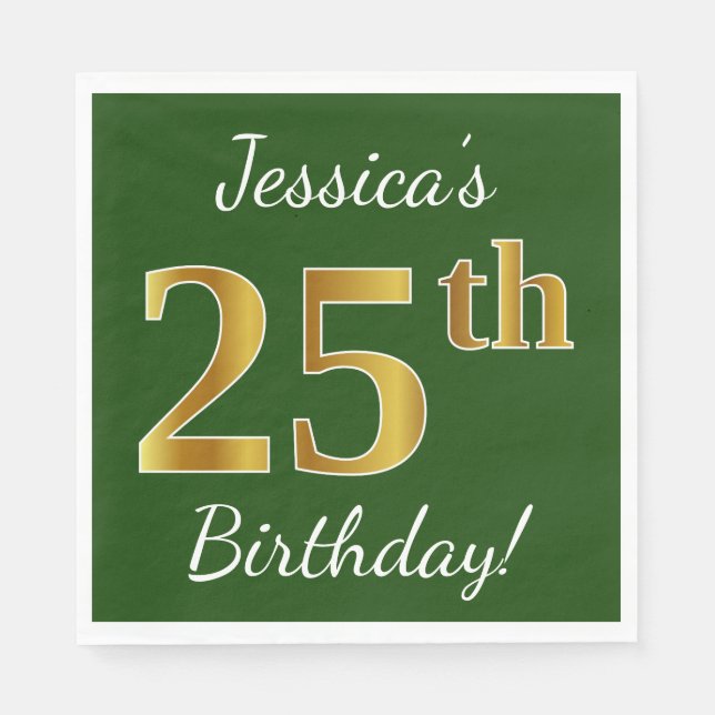 Servilleta De Papel Green, Faux Gold 25th Birthday + Custom Name (Anverso)