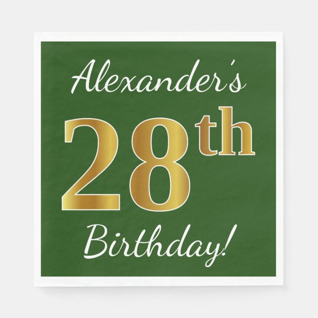 Servilleta De Papel Green, Faux Gold 28th Birthday + Custom Name (Anverso)