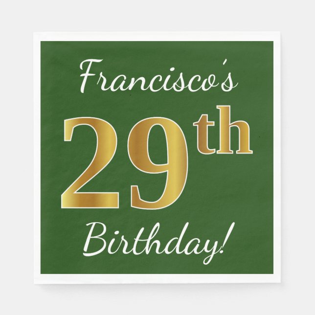 Servilleta De Papel Green, Faux Gold 29th Birthday + Custom Name (Anverso)