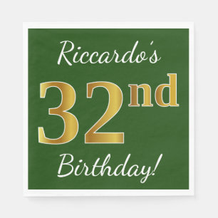 Servilleta De Papel Green, Faux Gold 32nd Birthday + Custom Name