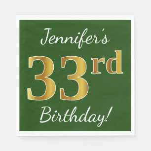 Servilleta De Papel Green, Faux Gold 33rd Birthday + Custom Name
