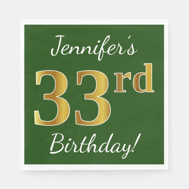 Servilleta De Papel Green, Faux Gold 33rd Birthday + Custom Name (Anverso)