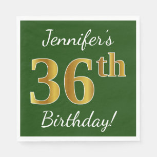 Servilleta De Papel Green, Faux Gold 36th Birthday + Custom Name