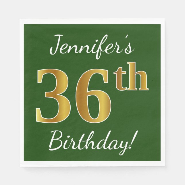 Servilleta De Papel Green, Faux Gold 36th Birthday + Custom Name (Anverso)
