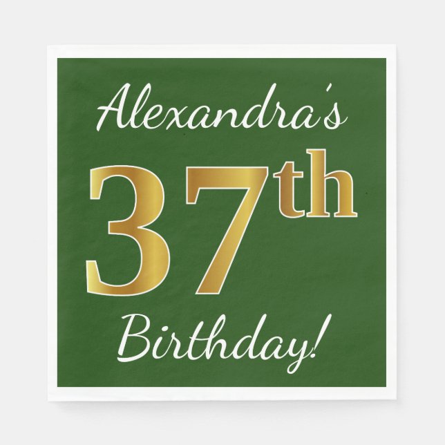 Servilleta De Papel Green, Faux Gold 37th Birthday + Custom Name (Anverso)