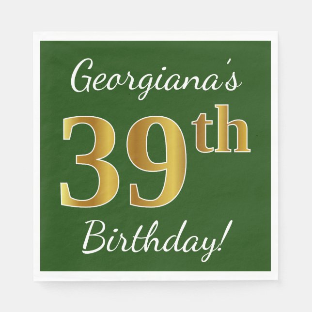 Servilleta De Papel Green, Faux Gold 39th Birthday + Custom Name (Anverso)