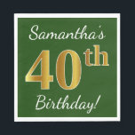 Servilleta De Papel Green, Faux Gold 40th Birthday   Custom Name<br><div class="desc">Este sencillo diseño de servilletas de papel muestra un mensaje como "¡Cumpleaños 40 de Samantha!", con el "40" en un falso aspecto dorado, en un fondo de color verde. El nombre se puede personalizar. Se podría usar en una fiesta de cumpleaños para alguien que esté celebrando su cuadragésimo cumpleaños. [~Z0000081]...</div>