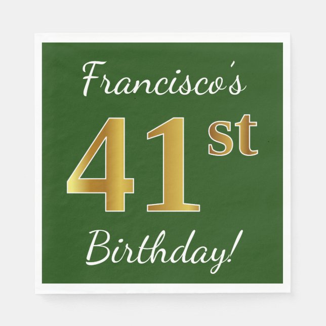 Servilleta De Papel Green, Faux Gold 41st Birthday + Custom Name (Anverso)