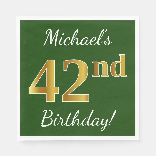 Servilleta De Papel Green, Faux Gold 42nd Birthday + Custom Name (Anverso)