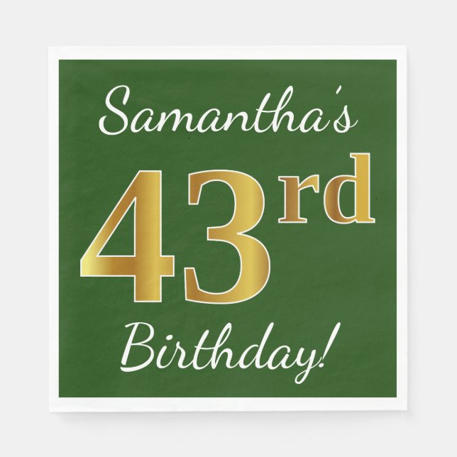 Servilleta De Papel Green, Faux Gold 43rd Birthday + Custom Name (Anverso)