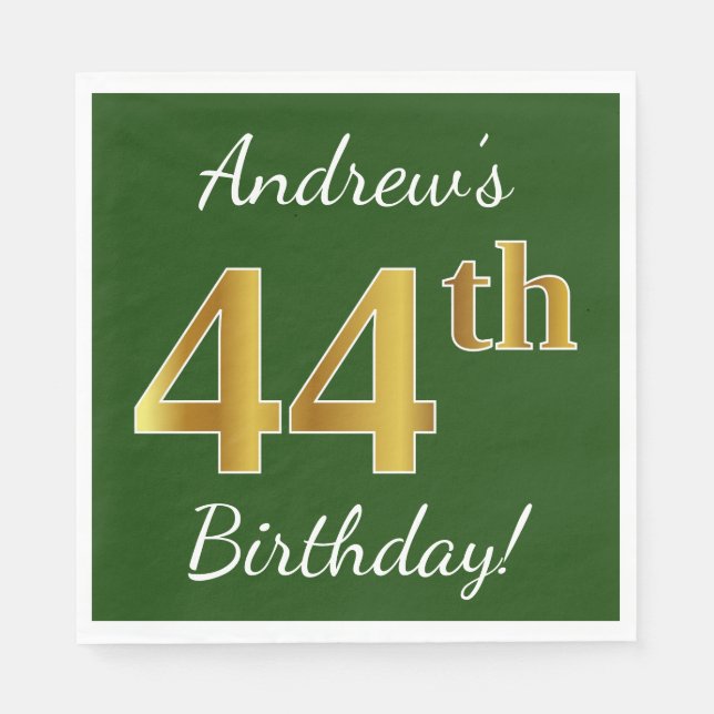 Servilleta De Papel Green, Faux Gold 44th Birthday + Custom Name (Anverso)