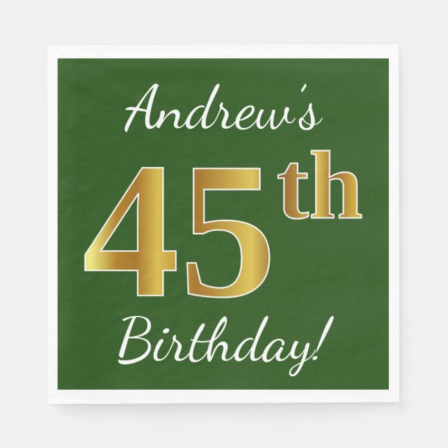 Servilleta De Papel Green, Faux Gold 45th Birthday + Custom Name (Anverso)