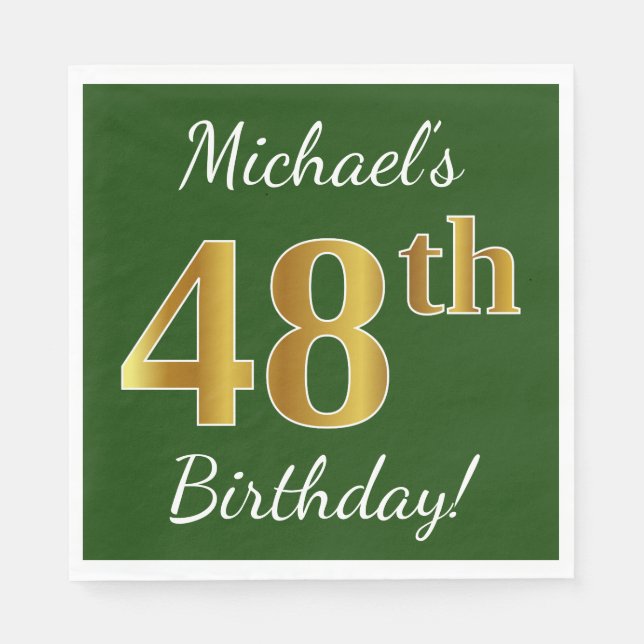 Servilleta De Papel Green, Faux Gold 48th Birthday + Custom Name (Anverso)